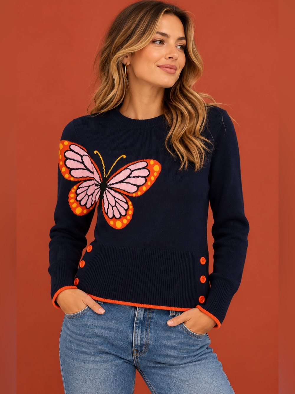 NWT Oxknit Navy Butterfly Intarsia Crewneck Sweater Size Large